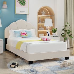 Upholstered Twin Size Platform Bed for Kids, Wooden Bed Frame with Slatted Bed Base, No Box Spring Needed (Color: as Pic)